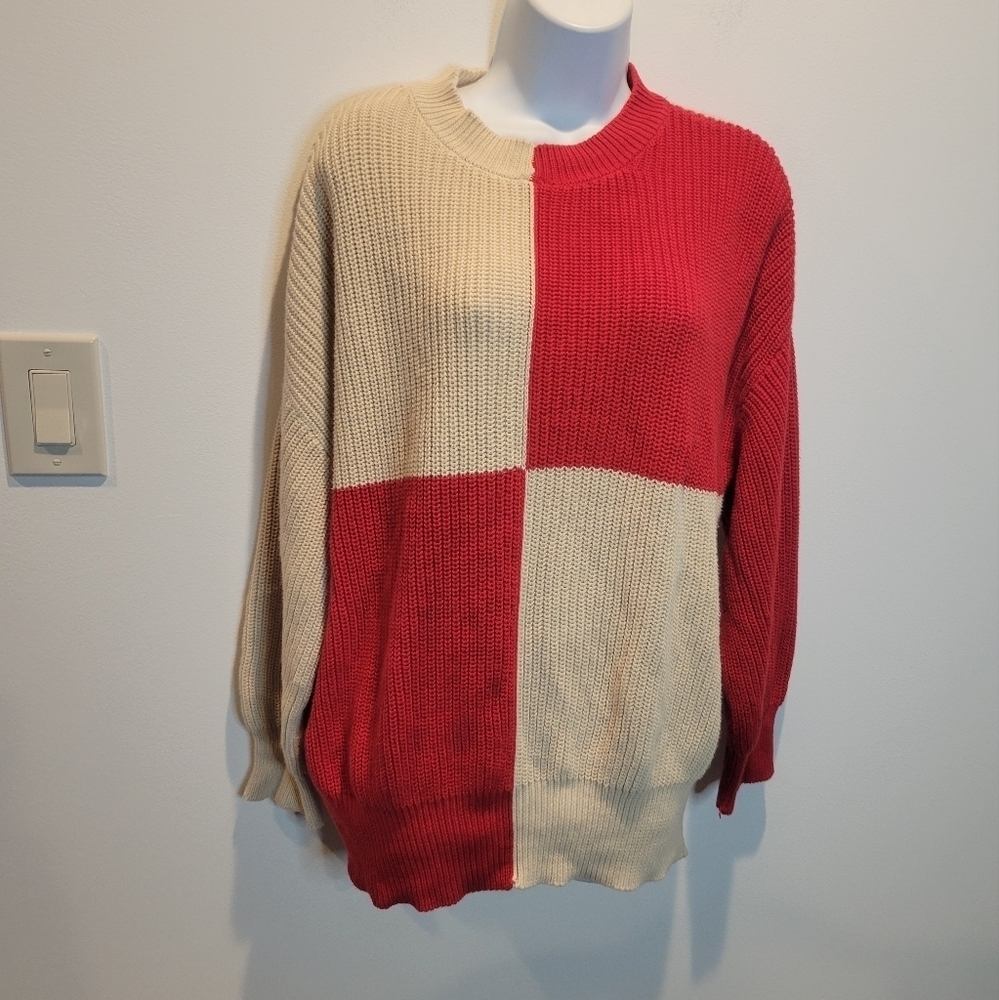 Mng Size M Red/Beige Colorblock Statement Sweater - image 1
